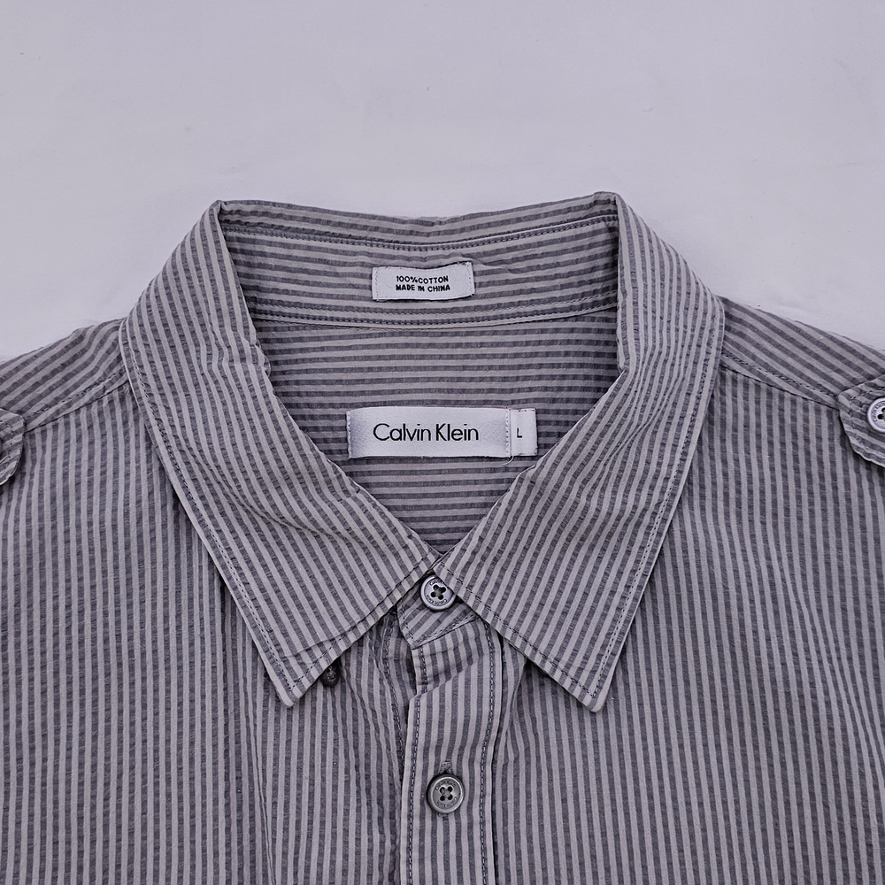 Calvin Klein 100% Cotton Long Sleeve Men's  Dress Shirt Regular Fit, L Gray, TS5 - Picture 3 of 5